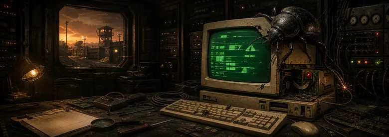 A bunker workshop bench with a cracked CRT showing green error text, a beetle perched on top of it, and racks of blinking hardware behind.