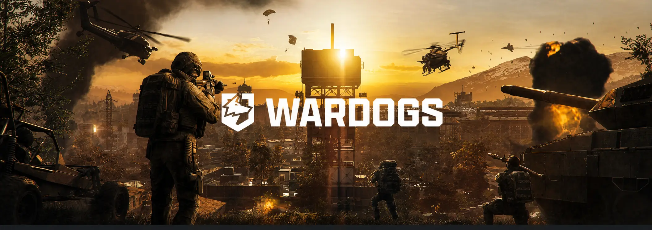 Infantry, helicopters, parachutists and armour converging on a comms tower above a town at sunset.