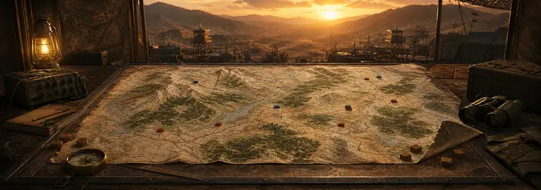 A paper topographic map on a command table marked with unit counters, beside a compass, binoculars and a lit field radio.