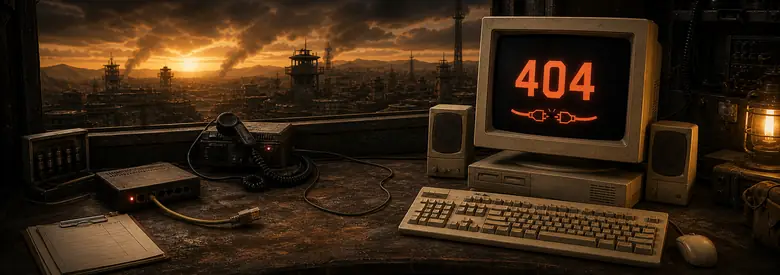 A CRT monitor showing a red 404 disconnect icon beside a field radio and a router with lit indicators, overlooking a ruined skyline at sunset.