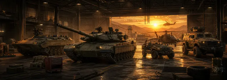 A maintenance hangar at dusk with a tank and a tracked transport parked on one side, a buggy and an armoured truck on the other, and two helicopters beyond.