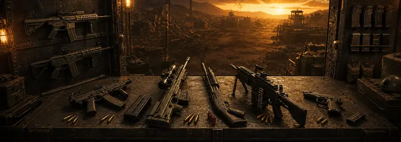 An armoury bench laid with assault rifles, a sniper rifle, a shotgun, a light machine gun and a sidearm, magazines racked on the wall and a ruined city beyond.